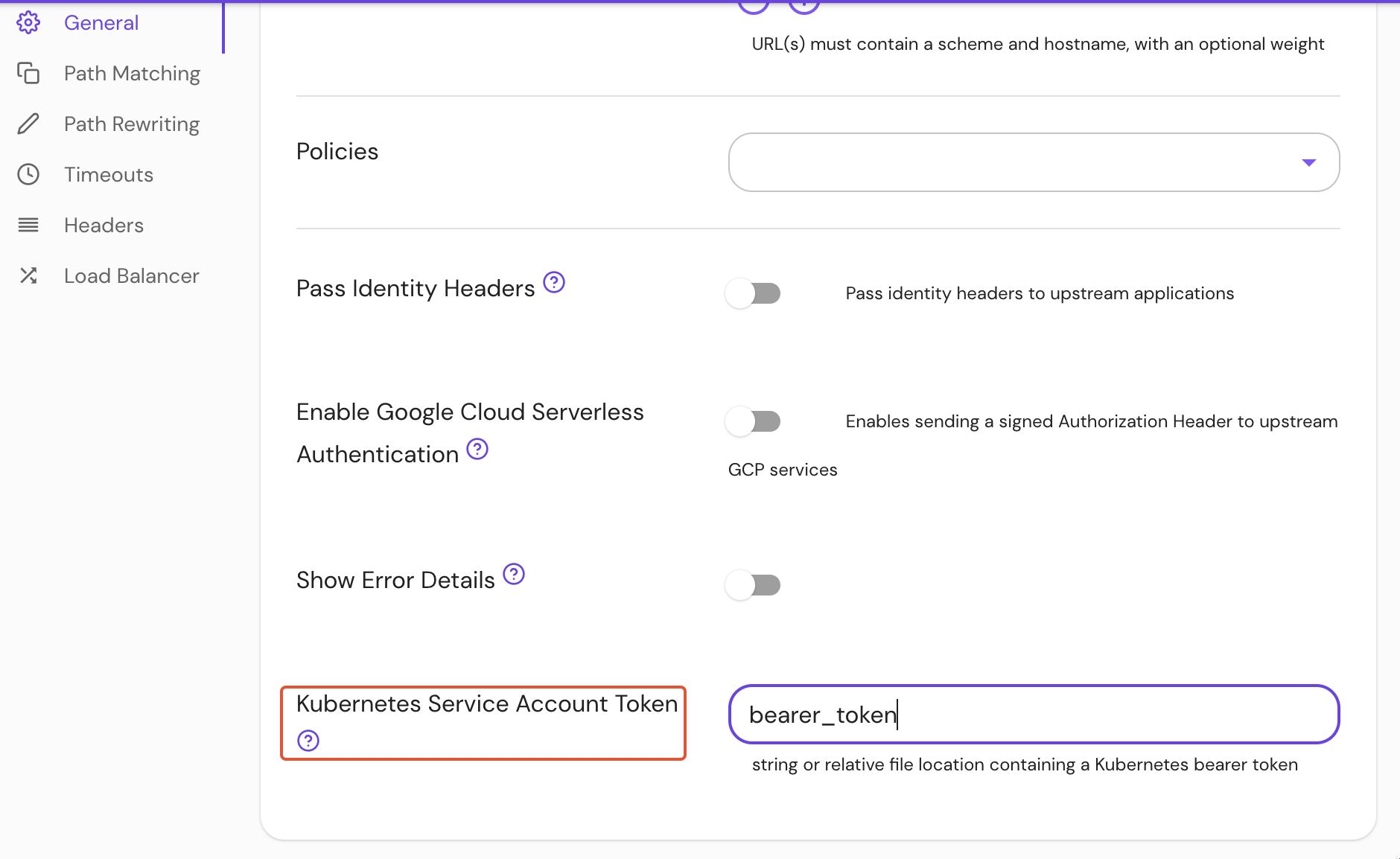 Set k8s service account token in the Console